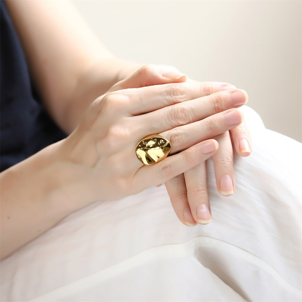 AAB rock surface stainless steel ring in polished gold finish, organic textured style, unisex custom jewelry supplier