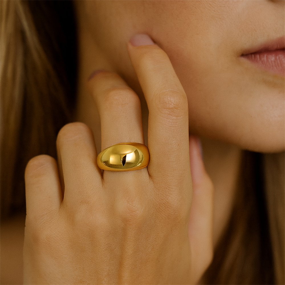 AAB fat dome stainless steel ring in polished gold finish, unisex fashion jewelry, custom jewelry supplier