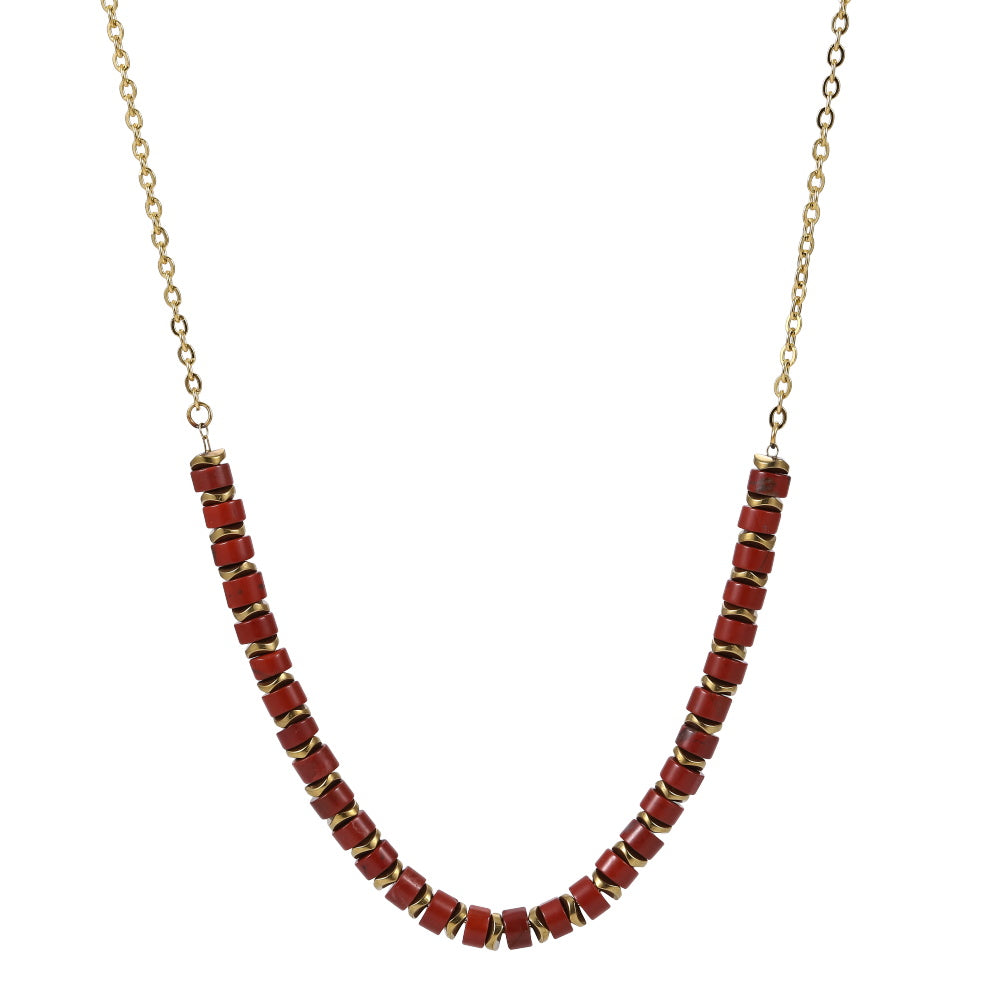 AAB Co stainless steel and hematite beads necklace with red stone, 14K gold finish