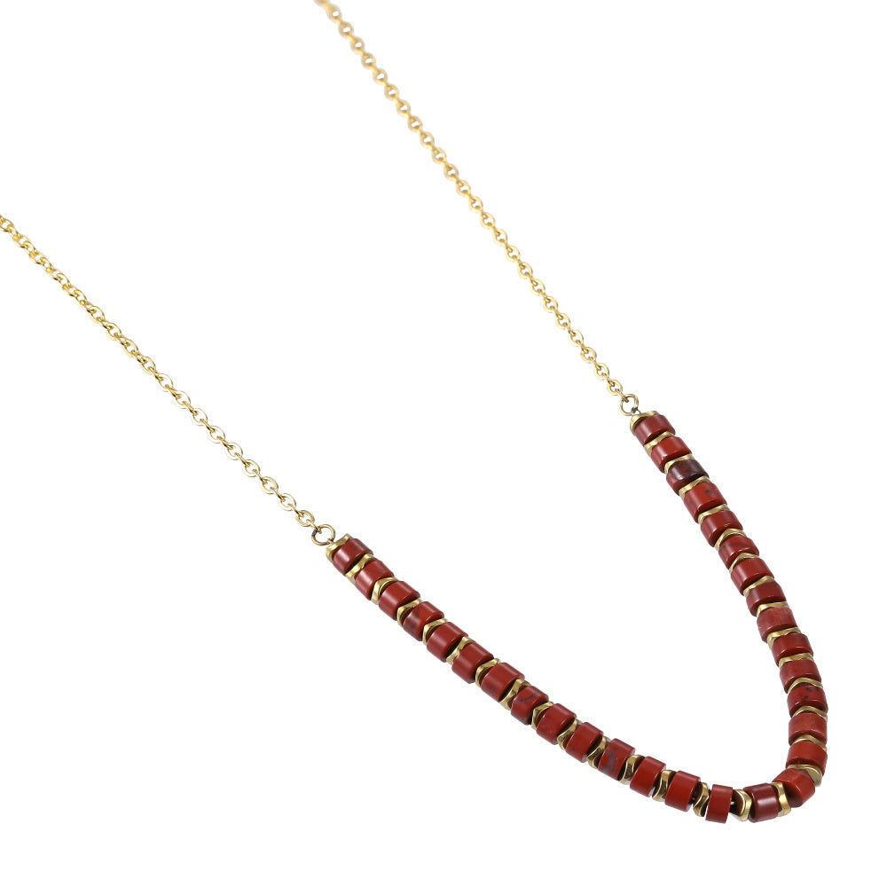 AAB Co stainless steel and hematite beads necklace with red stone, 14K gold finish