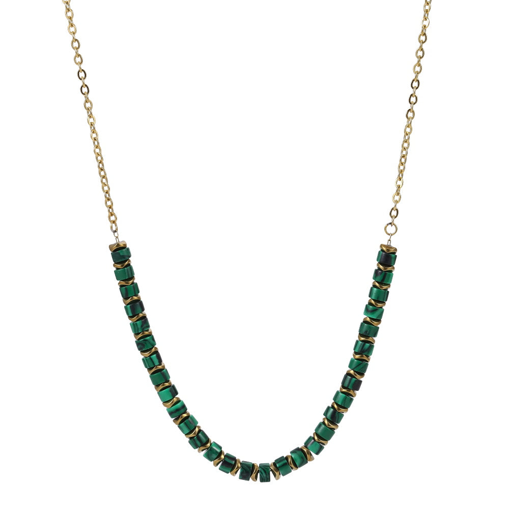 AAB Co stainless steel and hematite beads necklace with synthetic malachite stone, 14K gold finish