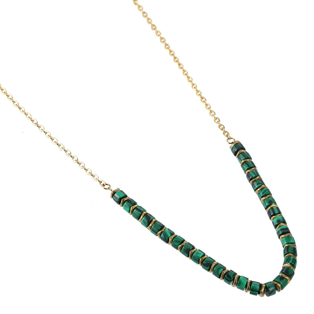 AAB Co stainless steel and hematite beads necklace with synthetic malachite stone, 14K gold finish