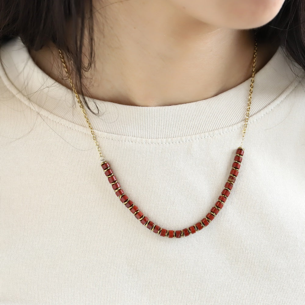 NSS1014 STAINLESS STEEL & HEMATITE BEADS NECKLACE WITH STONE