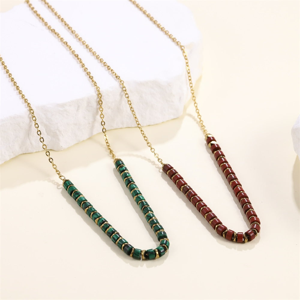 NSS1014 STAINLESS STEEL & HEMATITE BEADS NECKLACE WITH STONE