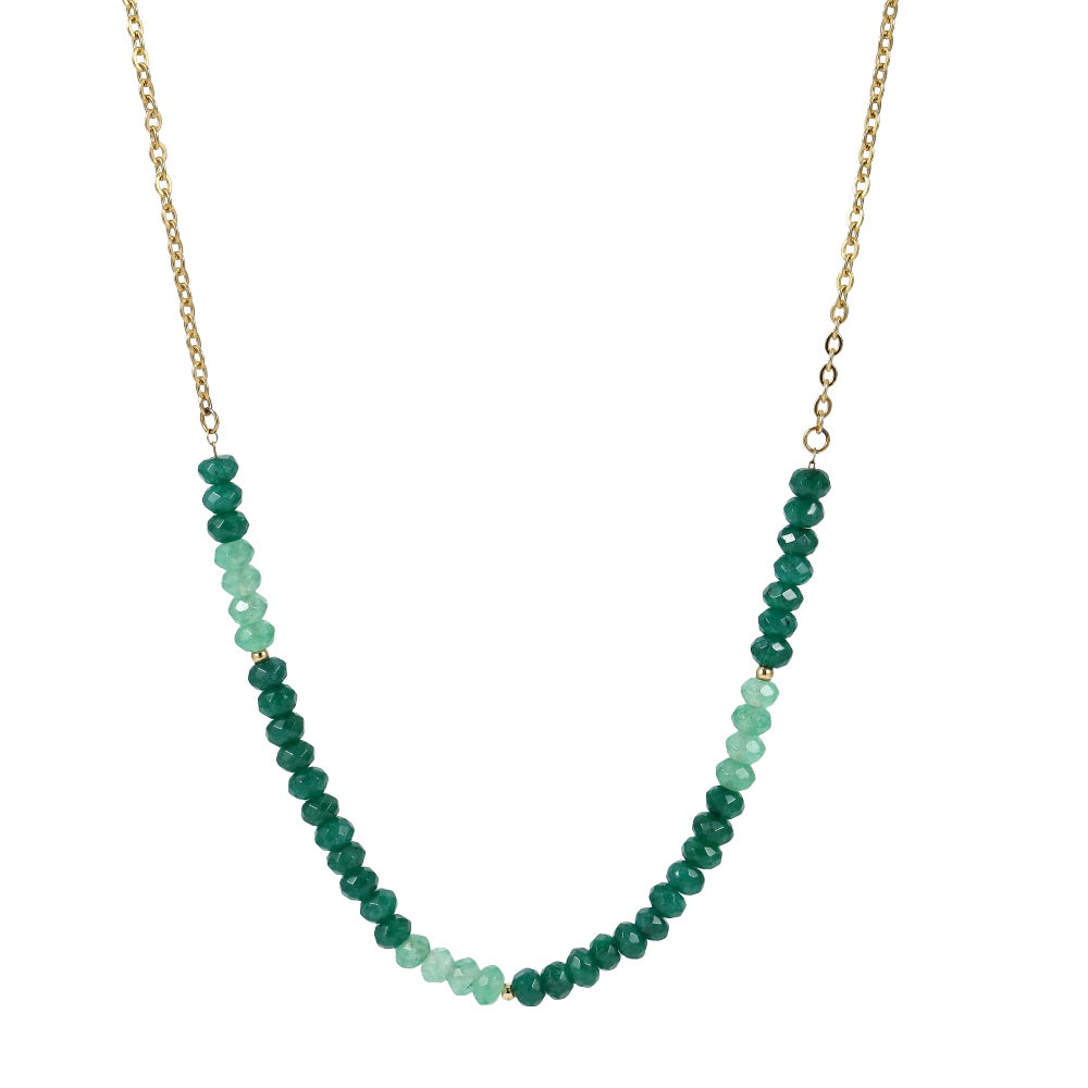 AAB Co stainless steel beads necklace with dyed quartzite imitation jade in green 14K gold finish