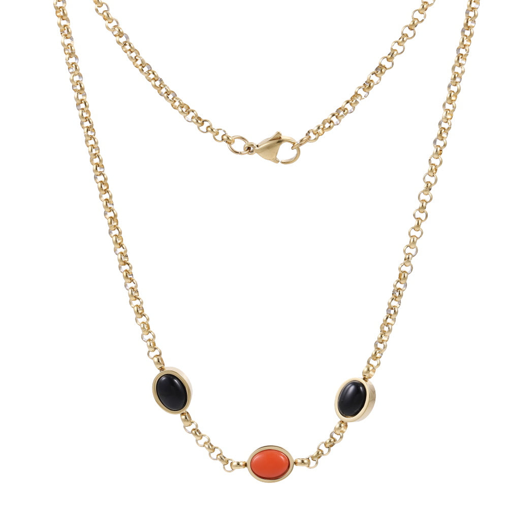 AAB gold-plated stainless steel necklace with black onyx and synthetic red turquoise, custom jewelry manufacturer