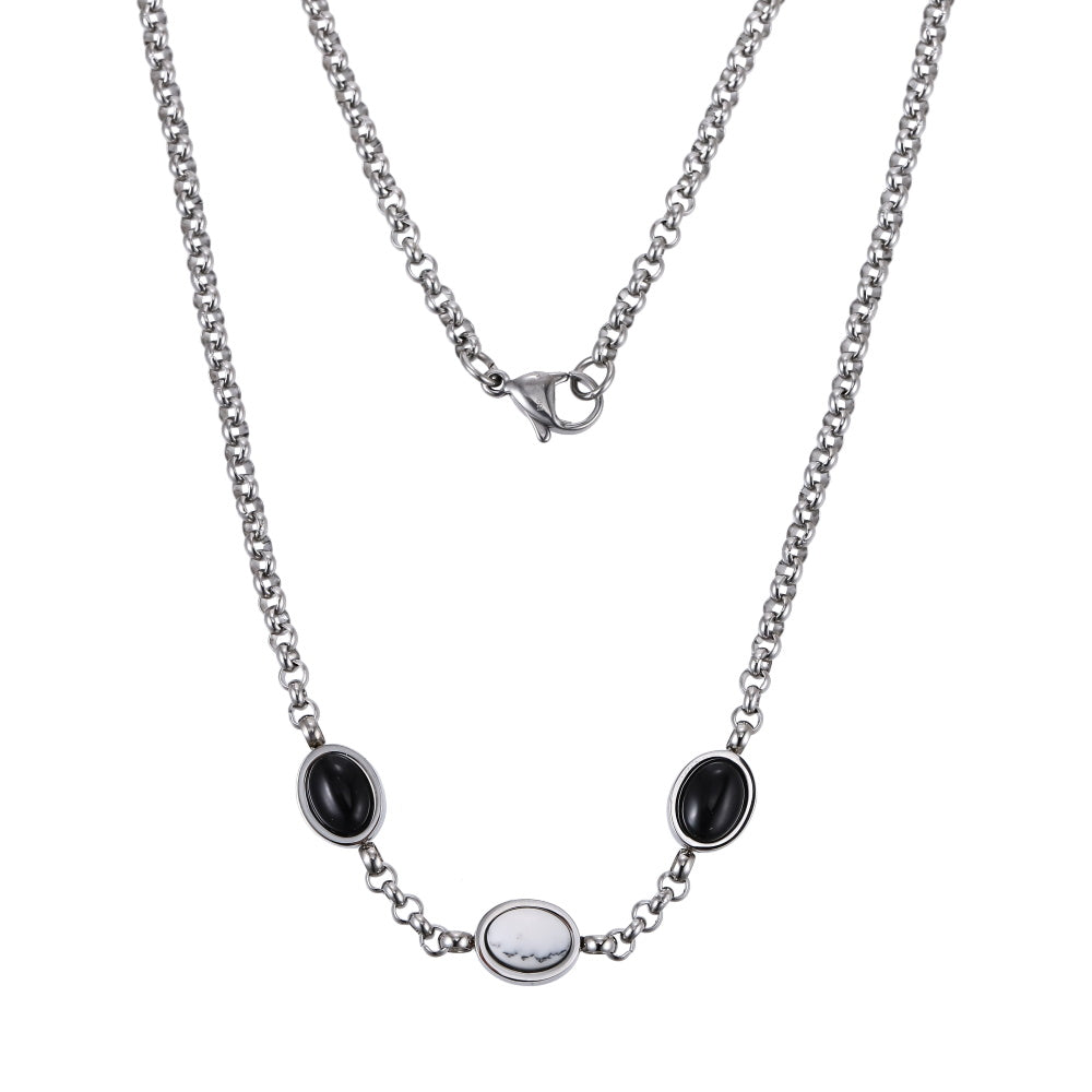 AAB stainless steel necklace with natural black onyx and synthetic white turquoise, OEM ODM jewelry