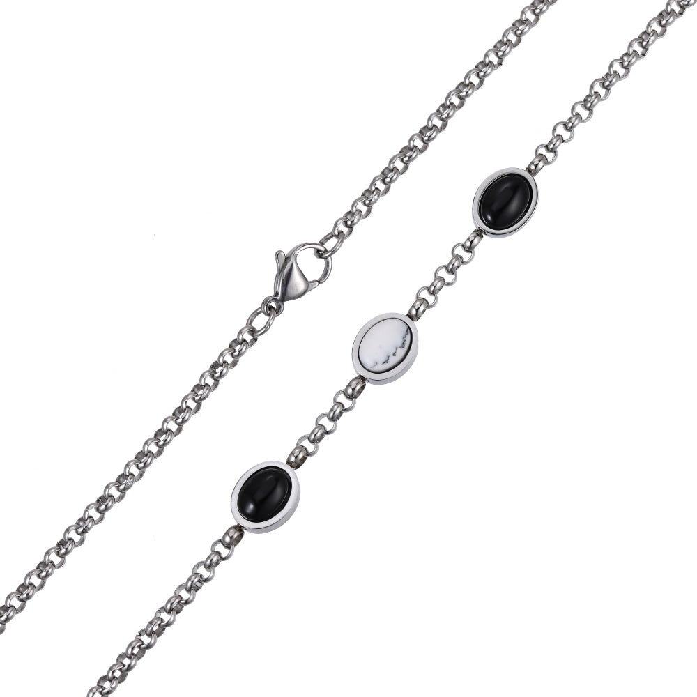 AAB stainless steel necklace with natural black onyx and synthetic white turquoise, OEM ODM jewelry