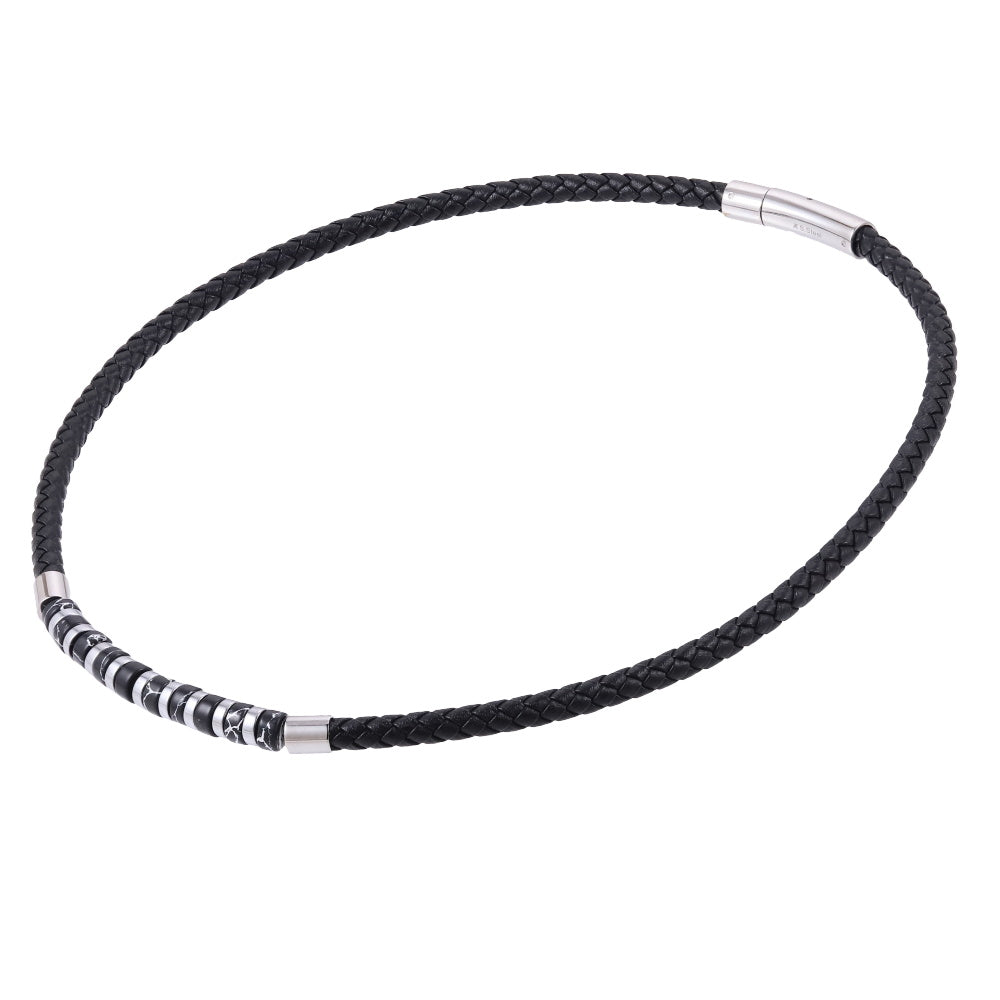 AAB Co stainless steel leather necklace with hematite and black turquoise beads