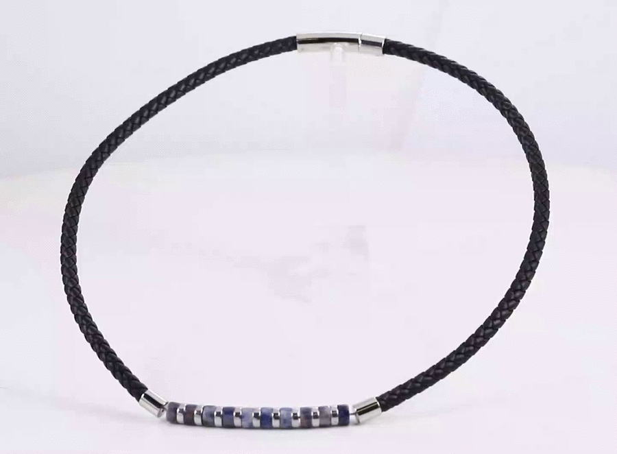 NSS1053 STAINLESS STEEL LEATHER NECKLACE WITH HESHI BEADS & HEMATITE