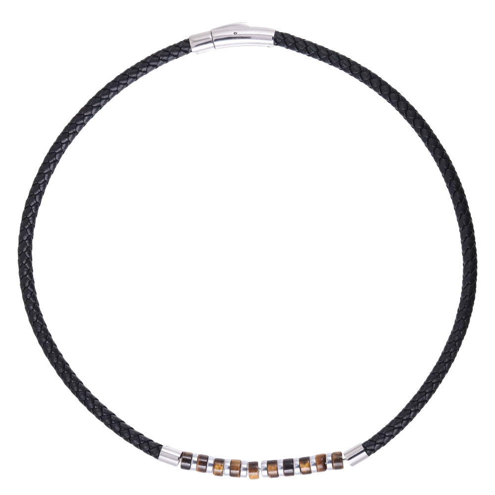 AAB Co stainless steel leather necklace with hematite and yellow tiger eye beads