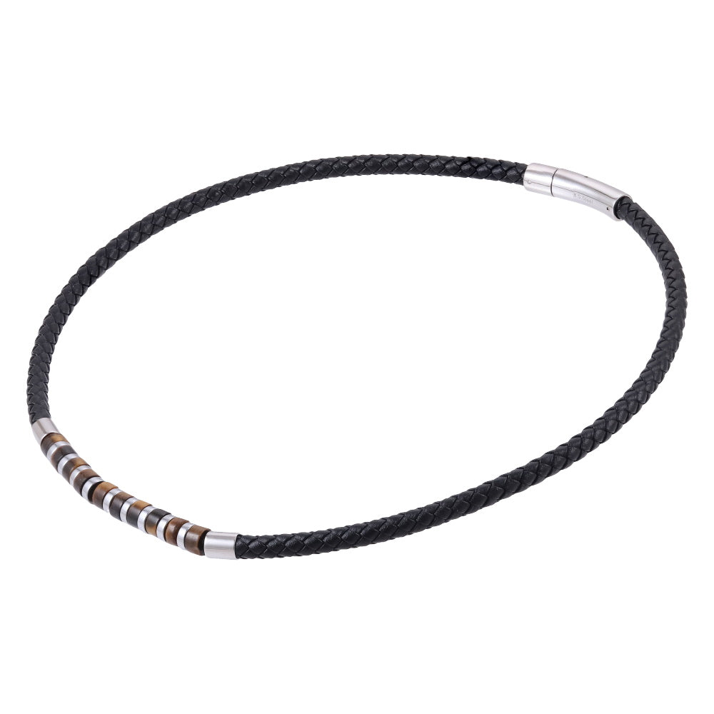 AAB Co stainless steel leather necklace with hematite and yellow tiger eye beads
