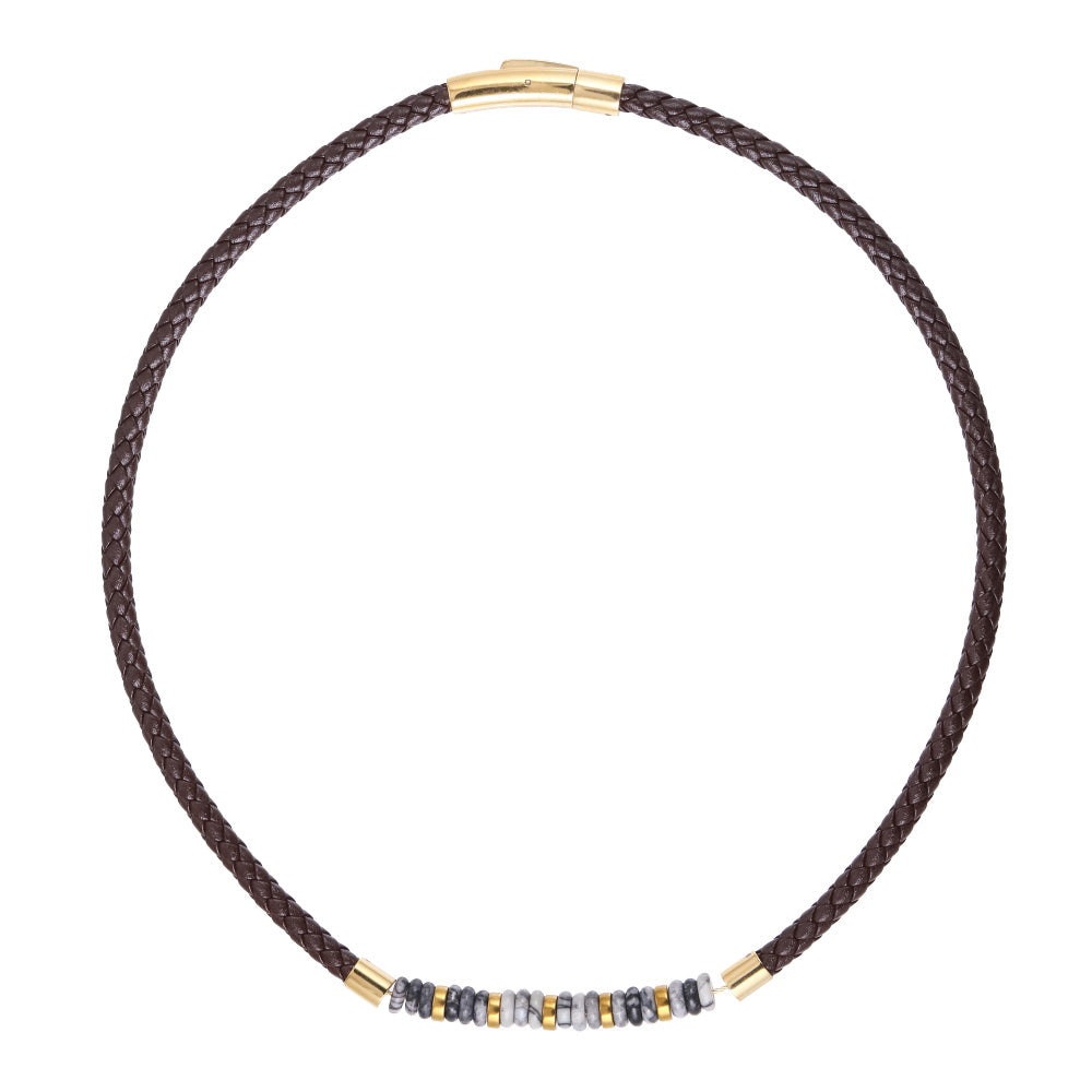 AAB Co stainless steel leather necklace with hematite and grey jasper beads