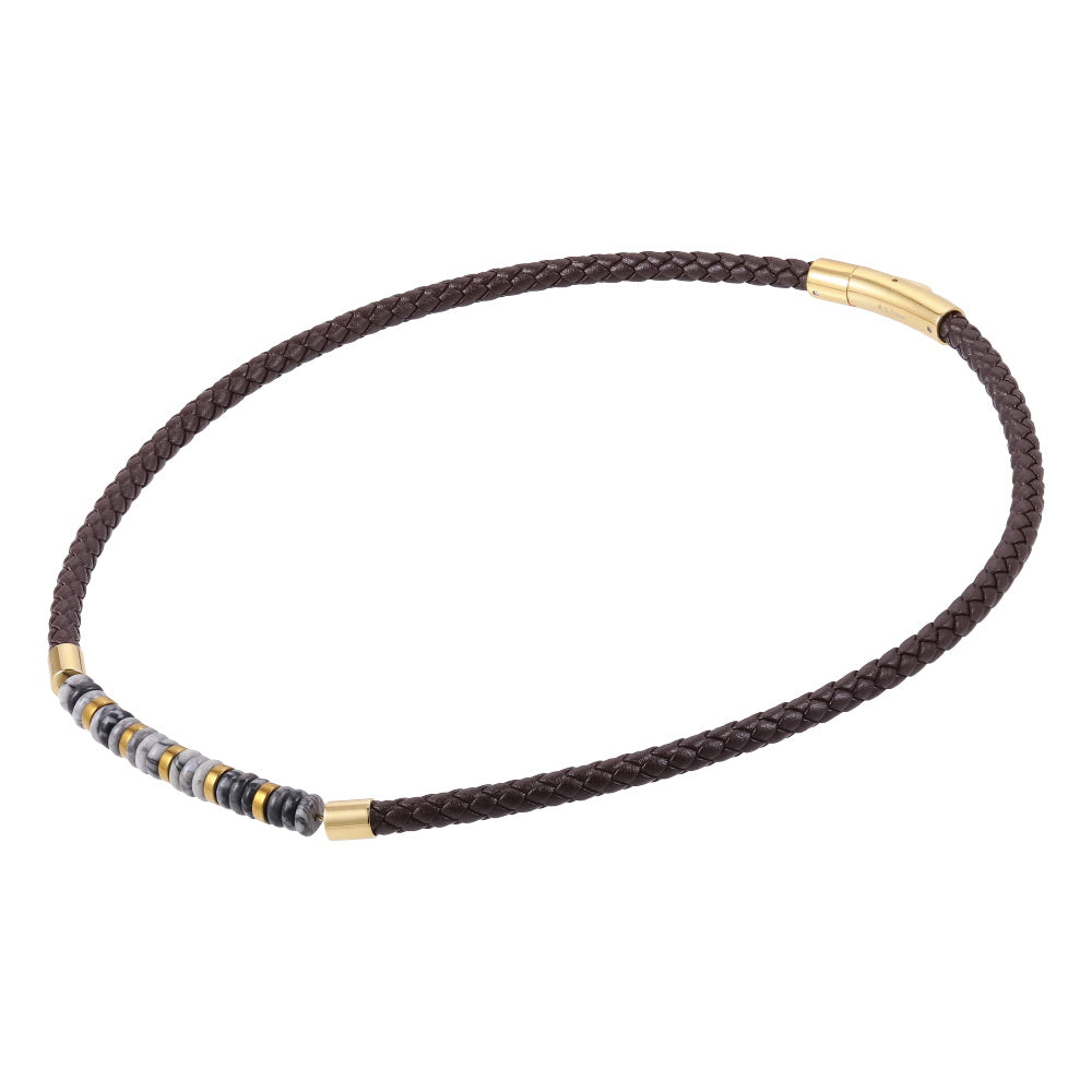 AAB Co stainless steel leather necklace with hematite and grey jasper beads