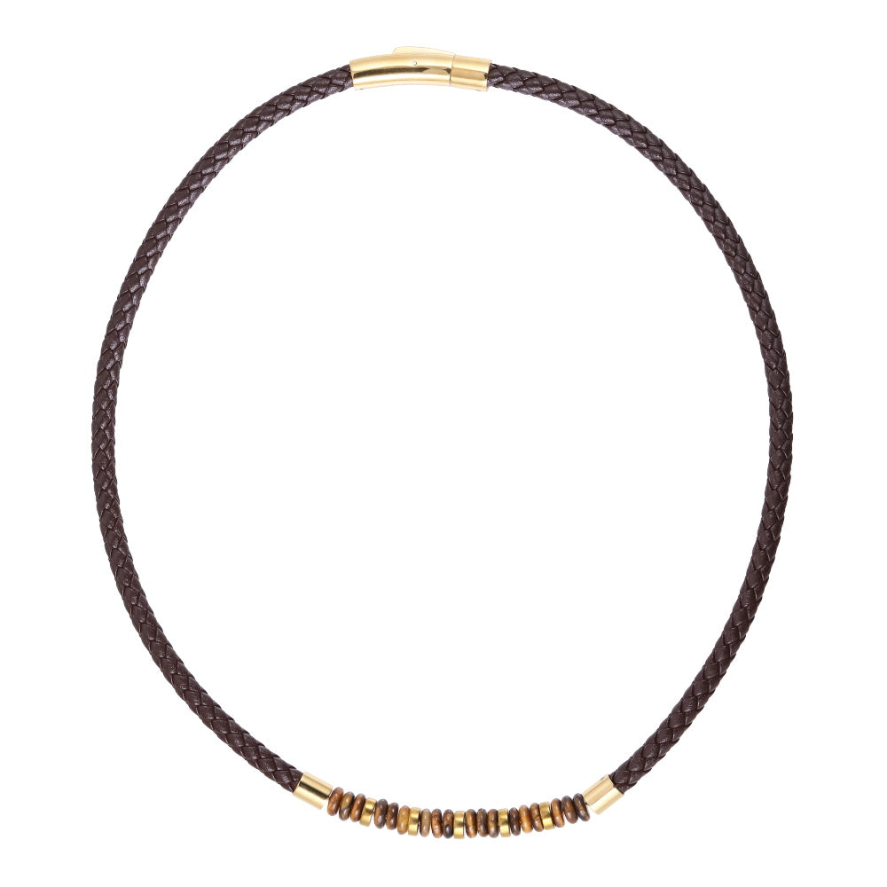 AAB Co stainless steel leather necklace with hematite and yellow tiger eye beads
