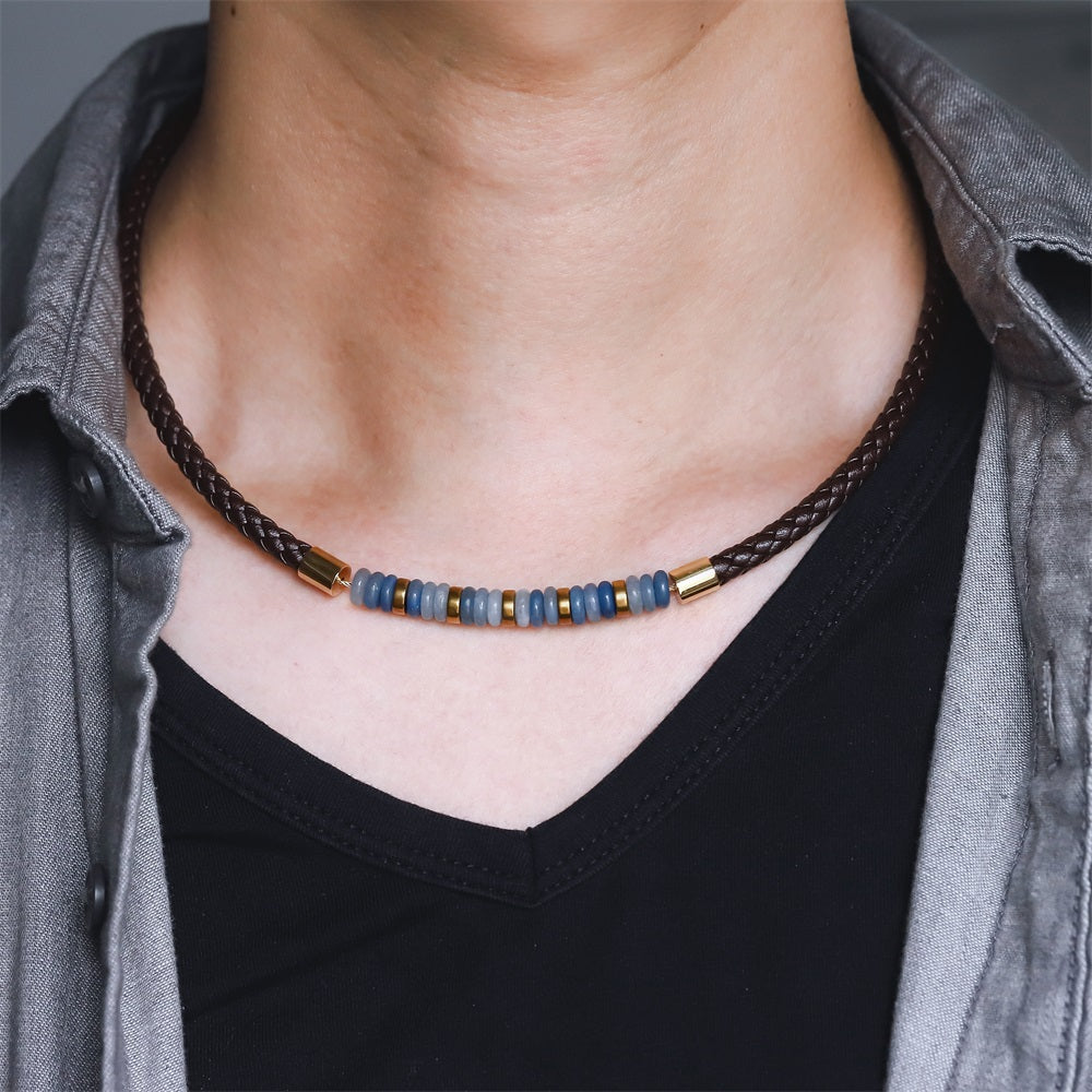 NSS1054 STAINLESS STEEL LEATHER NECKLACE WITH NATURAL BEAD & HEMATITE