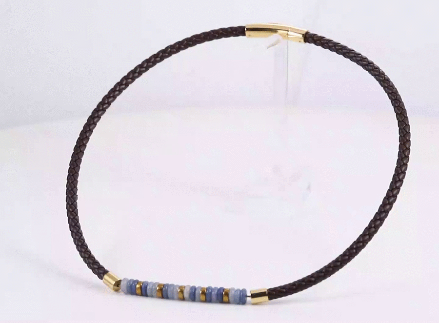 NSS1054 STAINLESS STEEL LEATHER NECKLACE WITH NATURAL BEAD & HEMATITE