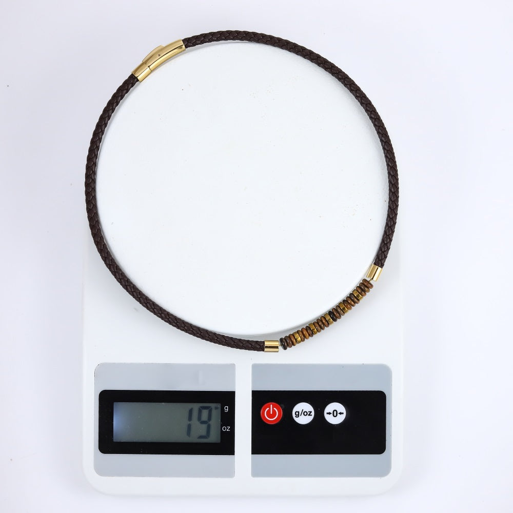 NSS1054 STAINLESS STEEL LEATHER NECKLACE WITH NATURAL BEAD & HEMATITE