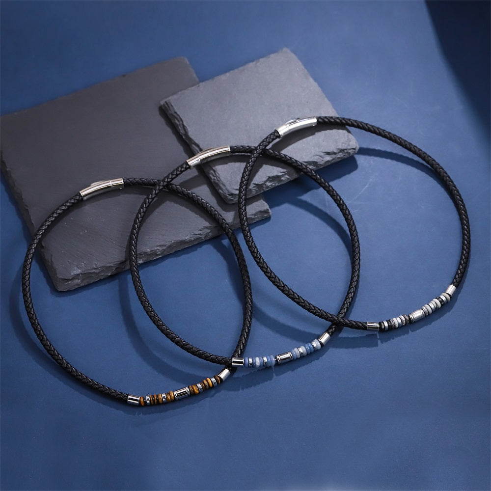 NSS1055 STAINLESS STEEL LEATHER NECKLACE WITH NATURAL BEAD & HEMATITE