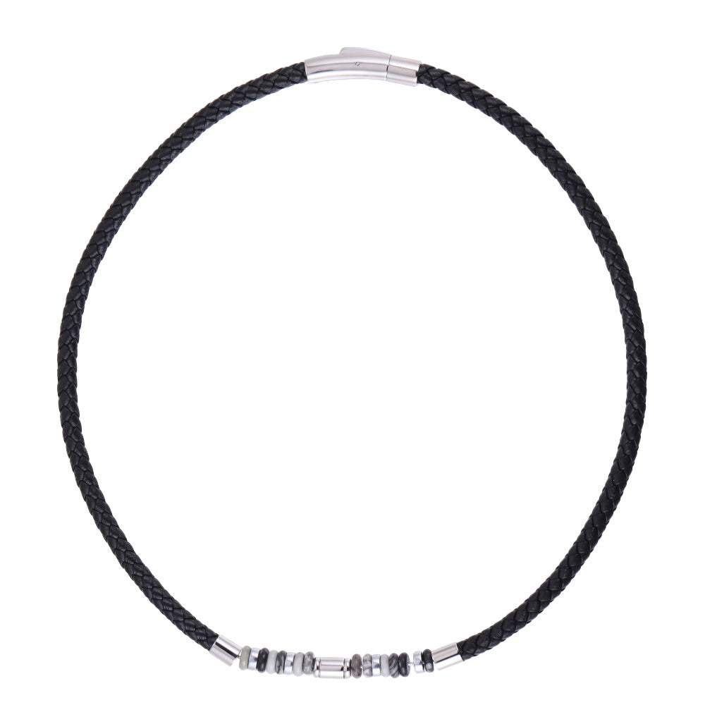 AAB Co stainless steel leather necklace with hematite and grey jasper beads