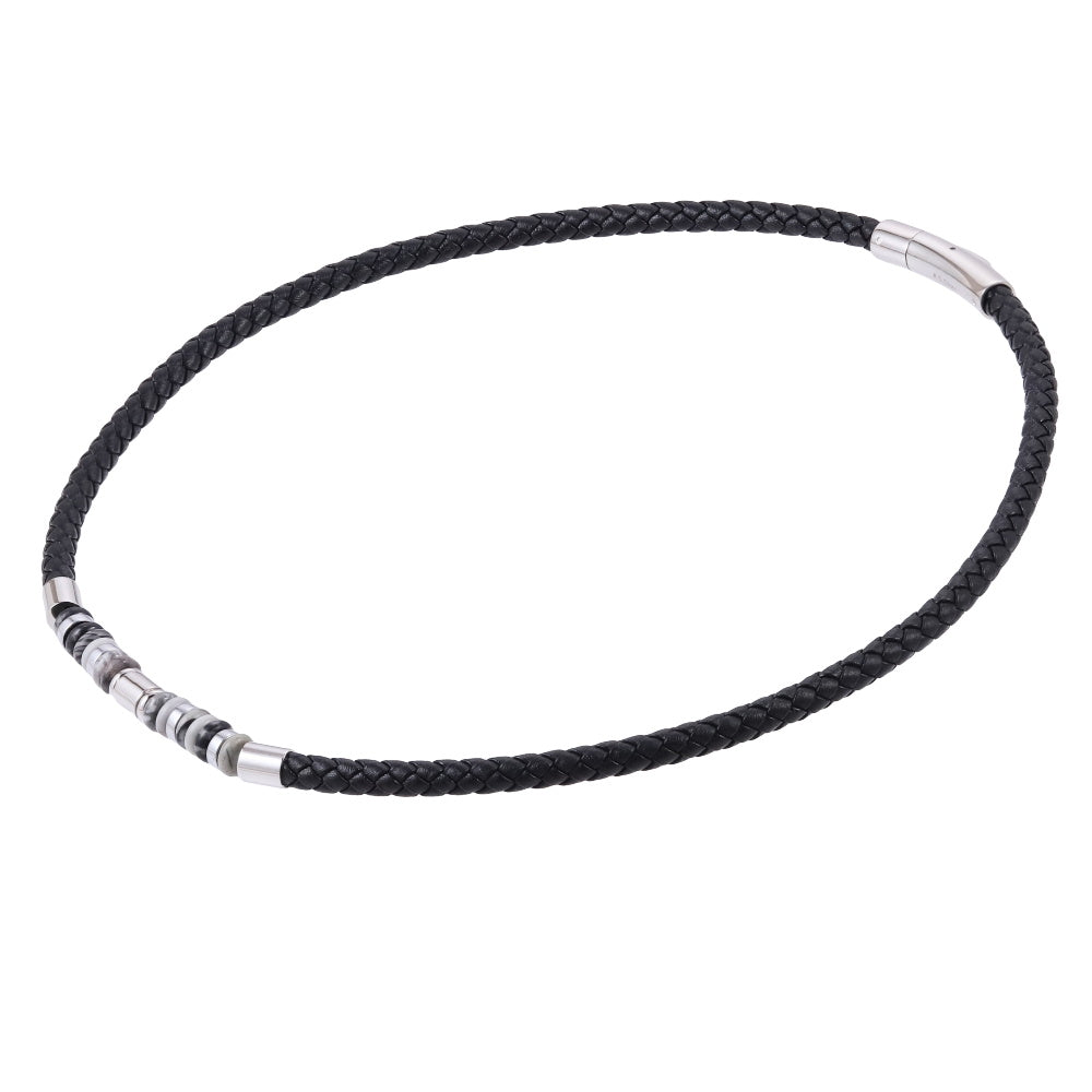 AAB Co stainless steel leather necklace with hematite and grey jasper beads