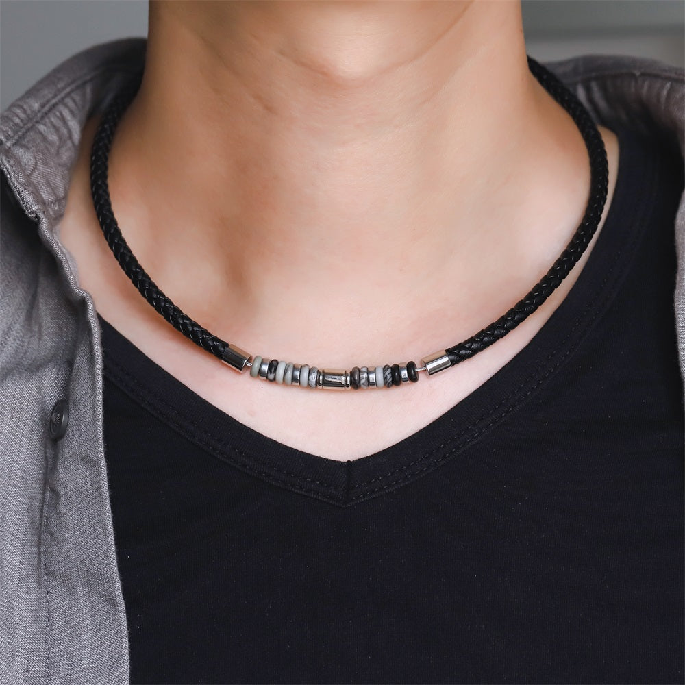 NSS1055 STAINLESS STEEL LEATHER NECKLACE WITH NATURAL BEAD & HEMATITE