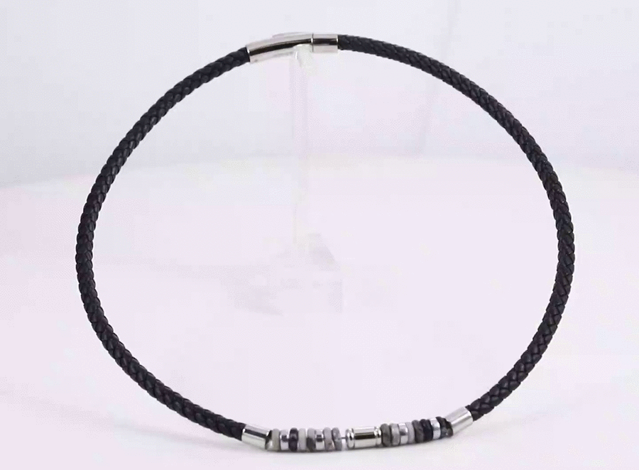 NSS1055 STAINLESS STEEL LEATHER NECKLACE WITH NATURAL BEAD & HEMATITE