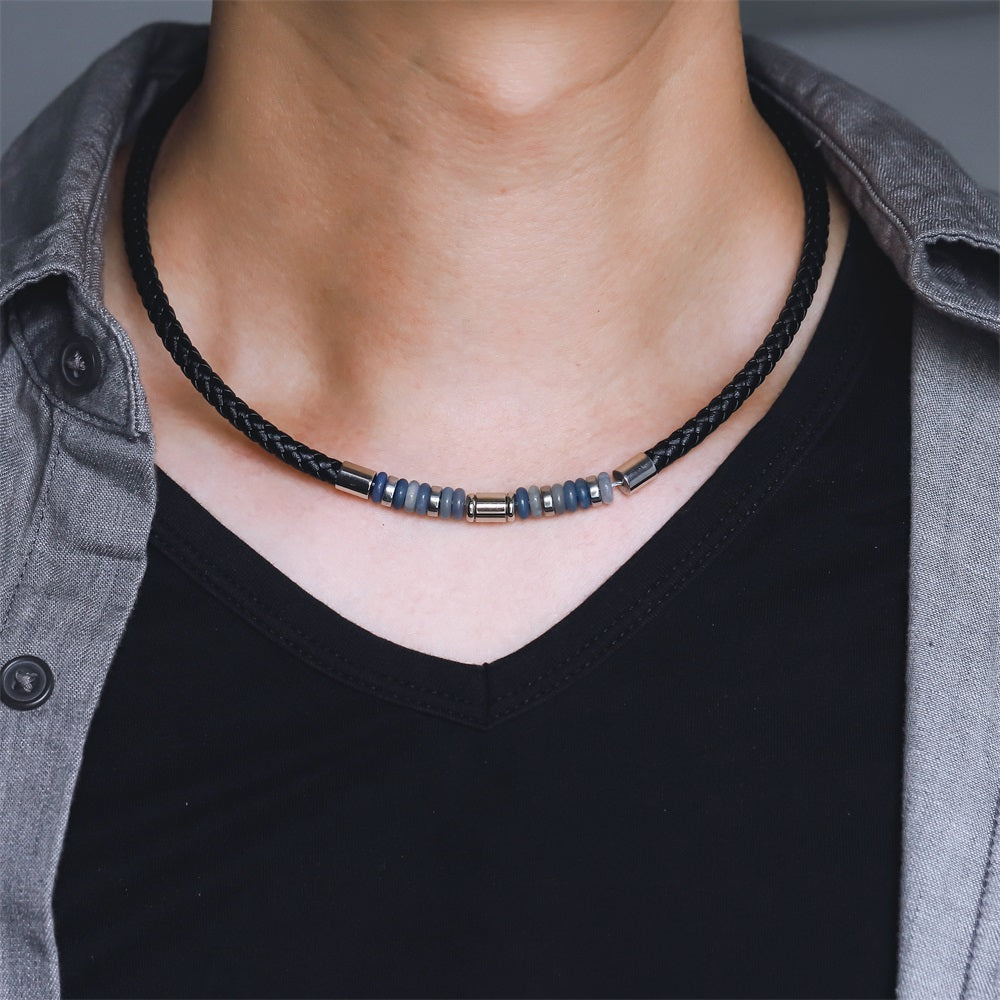 NSS1055 STAINLESS STEEL LEATHER NECKLACE WITH NATURAL BEAD & HEMATITE