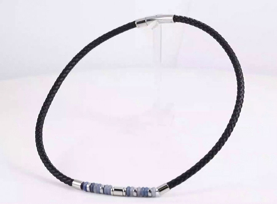 NSS1055 STAINLESS STEEL LEATHER NECKLACE WITH NATURAL BEAD & HEMATITE