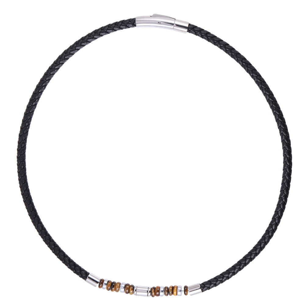 AAB Co stainless steel leather necklace with hematite and yellow tiger eye beads