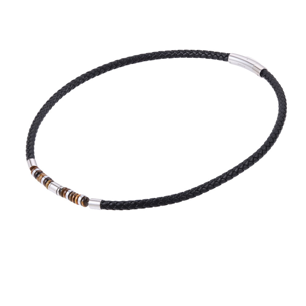 AAB Co stainless steel leather necklace with hematite and yellow tiger eye beads