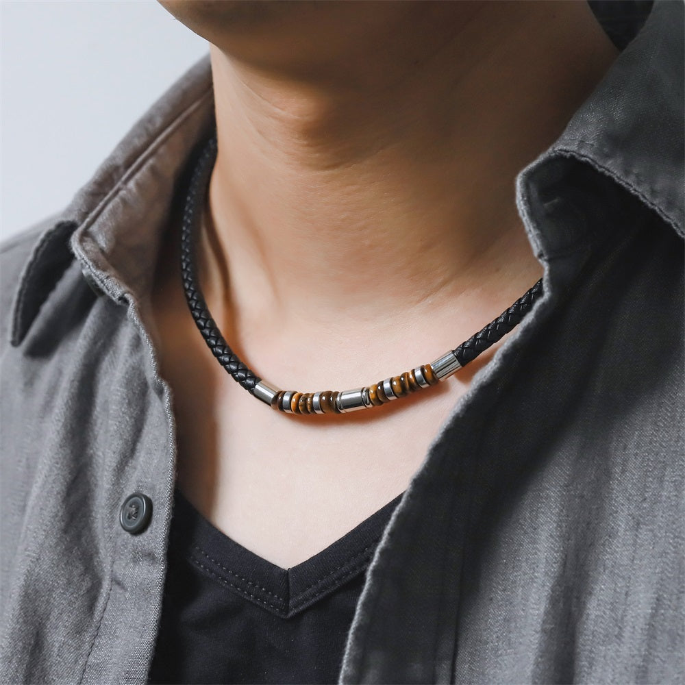 NSS1055 STAINLESS STEEL LEATHER NECKLACE WITH NATURAL BEAD & HEMATITE