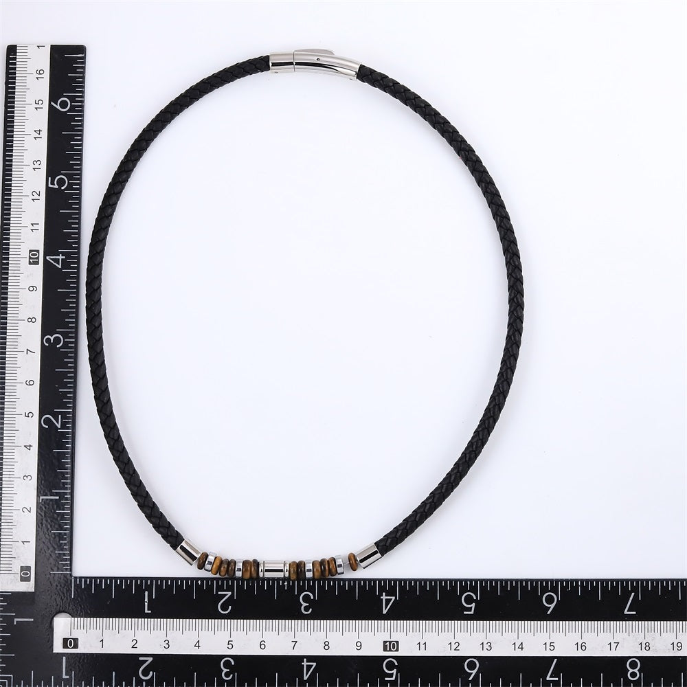 NSS1055 STAINLESS STEEL LEATHER NECKLACE WITH NATURAL BEAD & HEMATITE