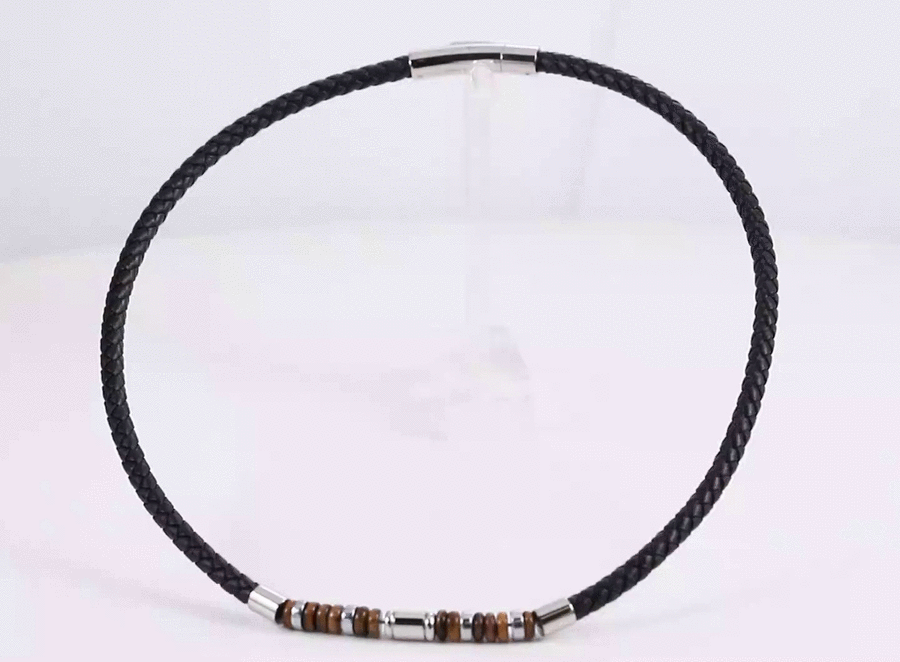 NSS1055 STAINLESS STEEL LEATHER NECKLACE WITH NATURAL BEAD & HEMATITE