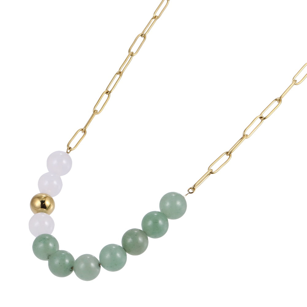 AAB natural stone necklace with green aventurine and white chalcedony, stainless steel chain design, OEM ODM jewelry manufacturer.