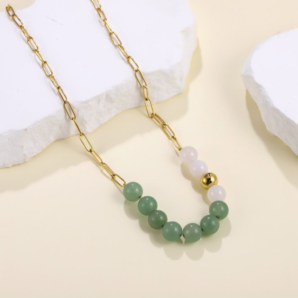 AAB natural stone necklace with green aventurine and white chalcedony, stainless steel chain design, OEM ODM jewelry manufacturer.