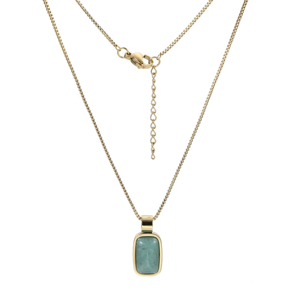 AAB Co stainless steel necklace with rectangle green aventurine stone pendant in 14K gold finish