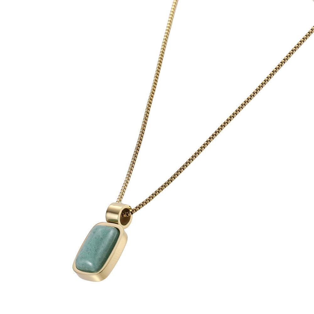 AAB Co stainless steel necklace with rectangle green aventurine stone pendant in 14K gold finish