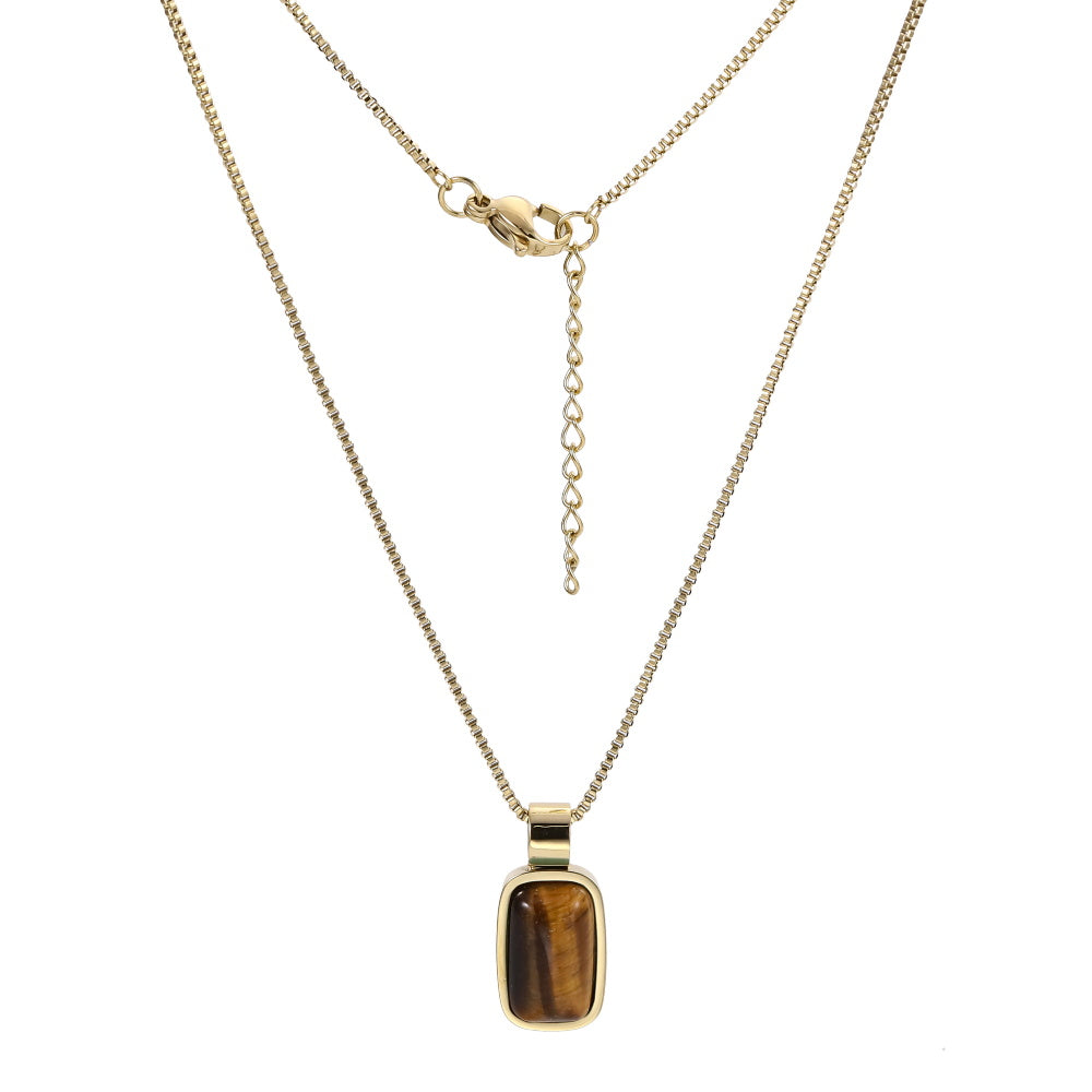 AAB Co stainless steel necklace with rectangle yellow tiger eye stone pendant in 14K gold finish