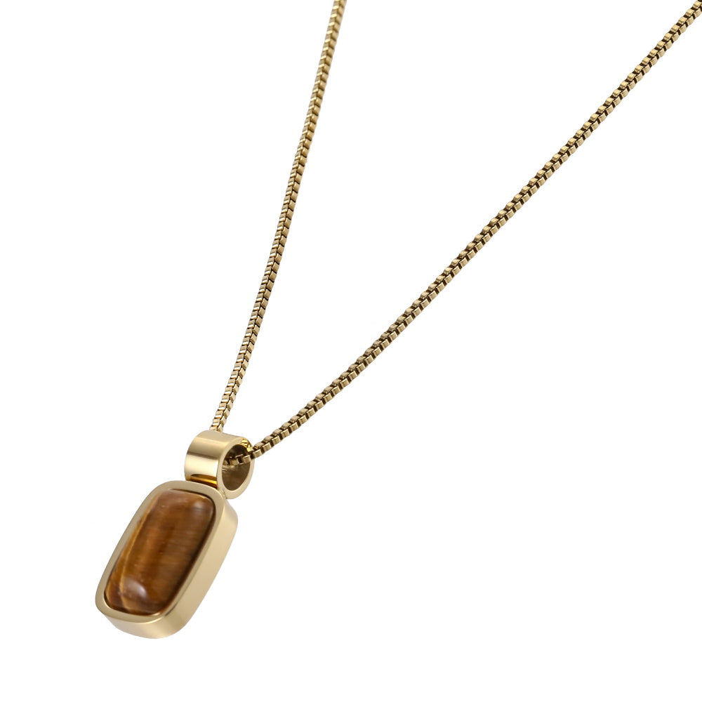 AAB Co stainless steel necklace with rectangle yellow tiger eye stone pendant in 14K gold finish