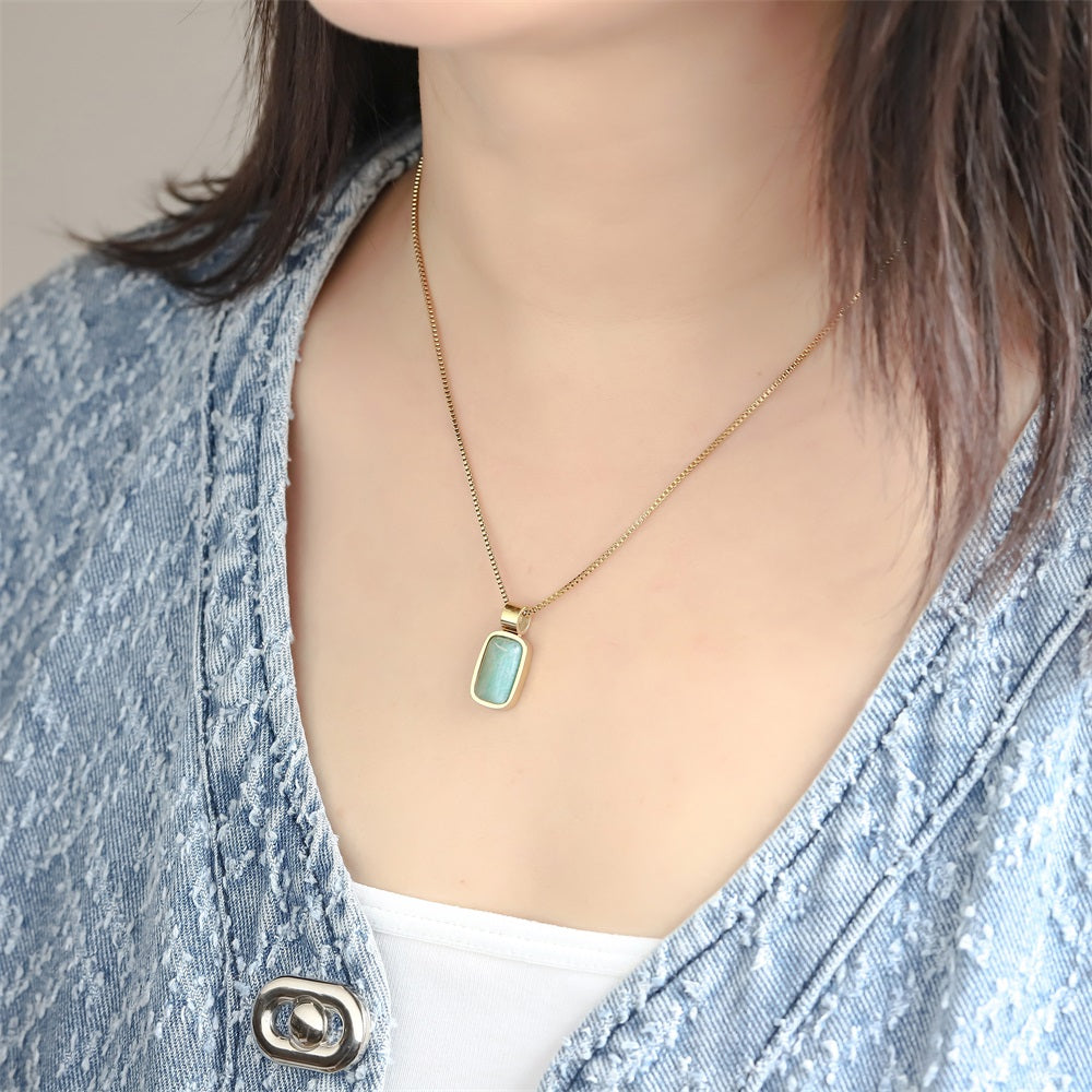 NSS1140 STAINLESS STEEL NECKLACE WITH NATURAL RECTANGLE STONE
