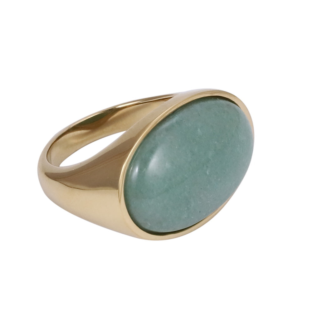 AAB Co stainless steel rectangle stone ring with natural green aventurine in 14K gold finish