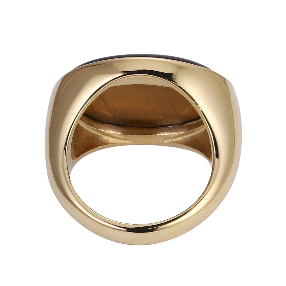 AAB Co stainless steel rectangle stone ring with yellow tiger eye in 14K gold finish