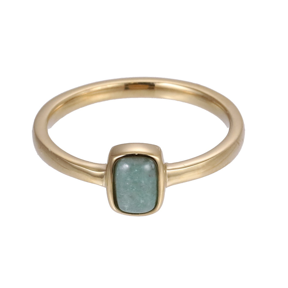 AAB Co stainless steel rectangle stone ring with natural green aventurine in 14K gold finish