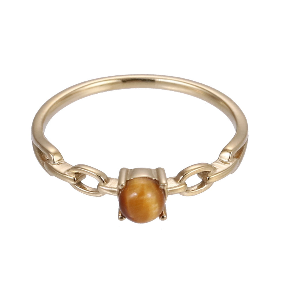AAB Co stainless steel round stone ring with yellow tiger eye and chain link design in 14K gold finish