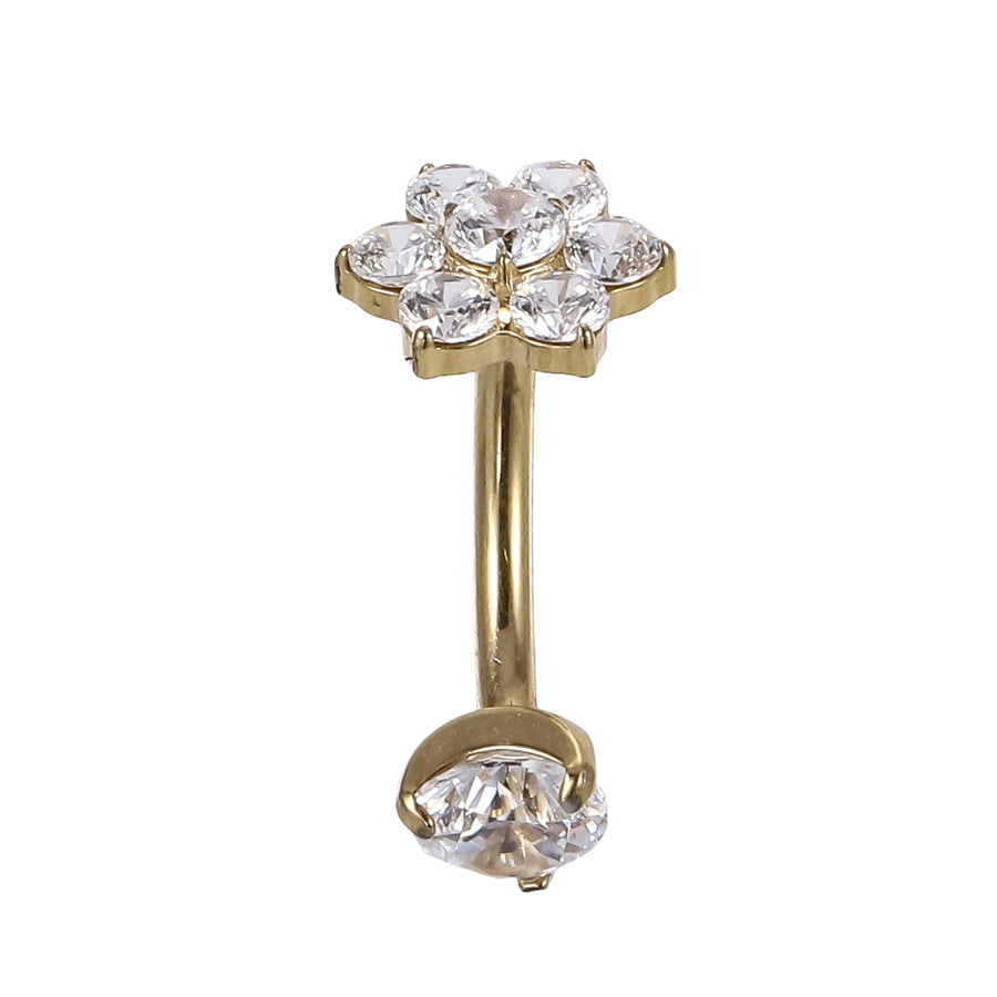 AAB Co G23 titanium internal thread belly bar with CZ flower design in 14K gold finish

