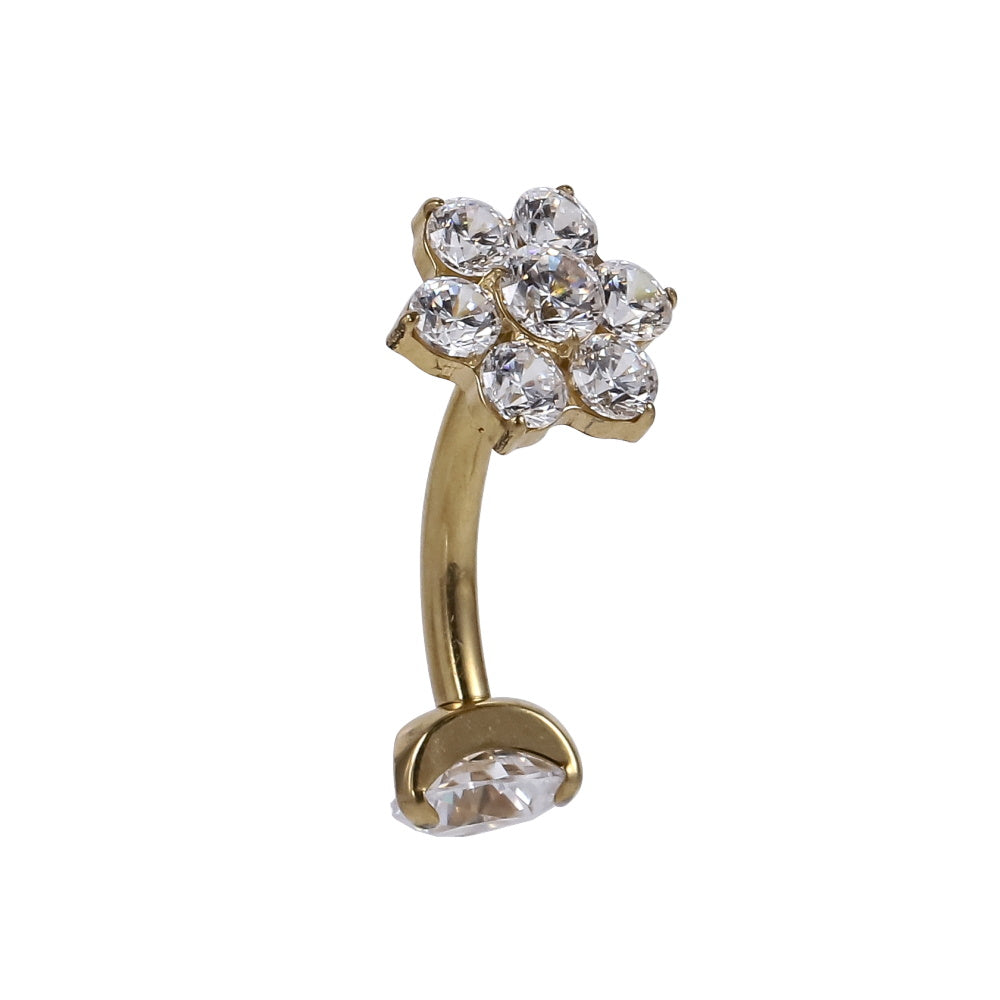 AAB Co G23 titanium internal thread belly bar with CZ flower design in 14K gold finish
