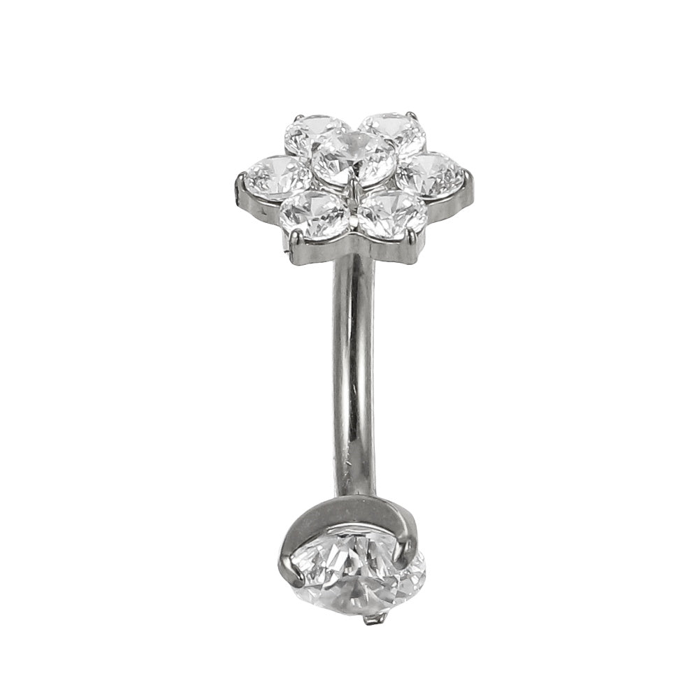 AAB Co G23 titanium internal thread belly bar with CZ flower design in silver finish
