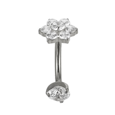 AAB Co G23 titanium internal thread belly bar with CZ flower design in silver finish
