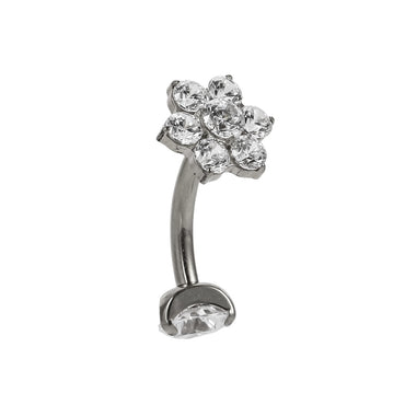 AAB Co G23 titanium internal thread belly bar with CZ flower design in silver finish
